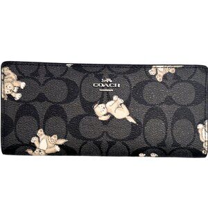 Coach Puppy Print Signature Canvas Long Wallet – Snap Closure, Blue Interior